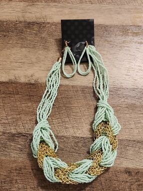 Mint Green Beaded & Gold Chain Braided Necklace - Women Jewelry